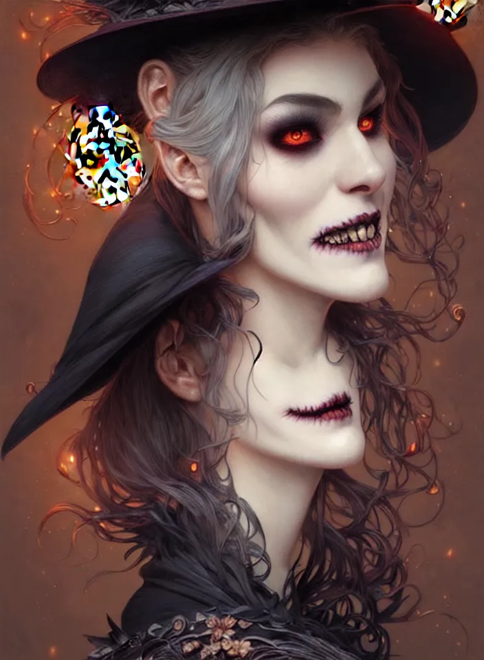 Image similar to halloween witch woman in a hat smiles, fantasy magic, undercut hairstyle, dark light night, intricate, elegant, sharp focus, illustration, highly detailed, digital painting, concept art, matte, art by wlop and artgerm and greg rutkowski and alphonse mucha, masterpiece