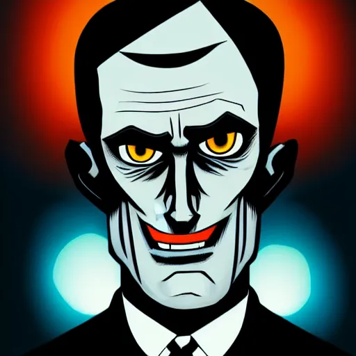 Image similar to solid glowing eyes, digital portrait of secretary of denis mcdonough face with solid glowing eyes, cover art of graphic novel, evil laugh, menacing, Machiavellian puppetmaster, villain, simple style, solid colors, clean lines, clean ink, trending on artstation