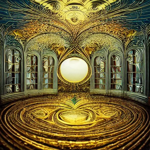 Prompt: an incredibly beautiful world of multifaceted mirrored optical illusions twisted around organic other worldy lifeforms in the style of erik johansson by dr. seuss covered in intricate gold leaf detail in a gothic hotel room with soft indirect lighting, final fantasy, cinematic colors, behance contest winner, unreal engine 5 highly rendered, global illumination, radiant light, detailed and intricate environment