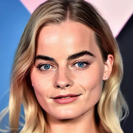 Image similar to a woman who is a genetic combination of margot robbie and emma watson face and upper - body focus