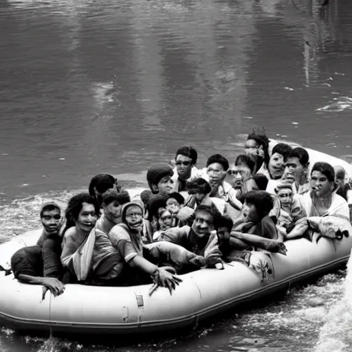 Image similar to a group of refugees on a raft, water ride amusement park, war photography
