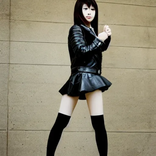 Image similar to a dynamic, epic cinematic 8K HD movie shot of a japanese young J-Pop idol girl wearing leather jacket, miniskirt, nylon tights and high heels boots. Motion, VFX, Inspirational arthouse