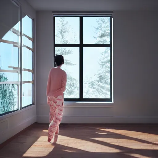 Image similar to person in pyjamas standing near window, sun rays, daylight, big french door window, big spatious room, 2 4 mm, wooden floor, modern, pastel palette, winter sun, photorealistic, high ceiling, watercolor painting