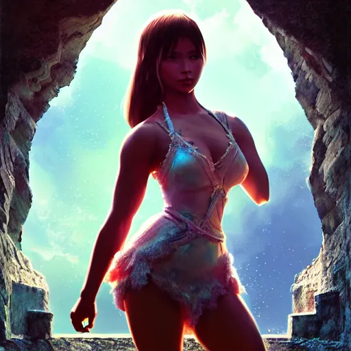 Image similar to dwayne johnson as a beautiful young girl in seductive clothing by ross tran, walking in a castle painted by sana takeda, rtx reflections, very high intricate details, painting, digital anime art, medium shot, mid - shot, composition by ilya kuvshinov, lighting by greg rutkowski