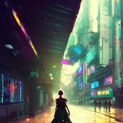 Image similar to a beautiful picture of a girl walking in a cyberpunk street by aurahack and greg rutkowski, low angle shot, cinematic, colorful, trending on artstation