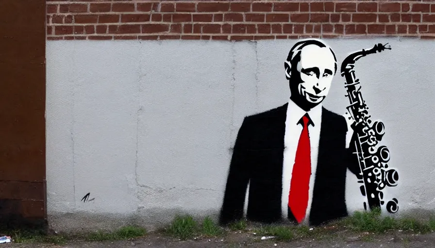 Image similar to Graffiti by Banksy of Vladimir putin playing the saxophone