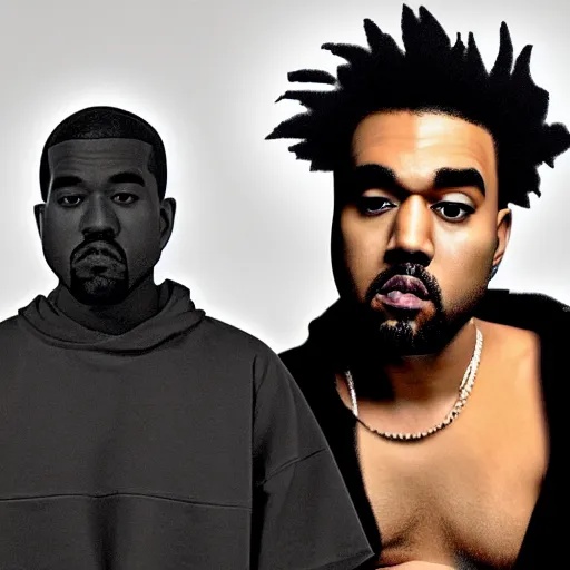 Prompt: a fusion between joji the weeknd and kanye west, looking at the camera, realistic, 4 k, hdr, grainy