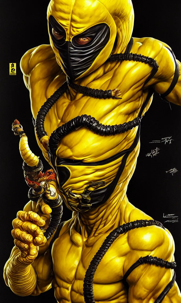 Prompt: hyper realistic full body portrait of scorpion from mortal kombat, mk ninja character, yellow ninja mask, tight yellow ninja suit, by lee bermejo, alphonse mucha and greg rutkowski