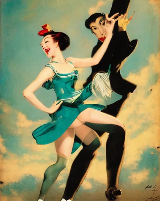 Image similar to hatsune Miku dancing by Enoch Bolles and Gil Elvgren