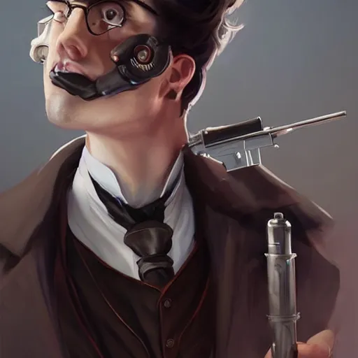 Prompt: a victorian doctor with a gun, young man, clean shaven, pale skin, vampire, dark brown duster, short brown hair, brooding, character art, full body art, Dungeons and Dragons, D&D, trending on artstation, artgerm, 4k ultra hd, sharp focus, digital art by Ilya Kuvshinov and Ross Tran,