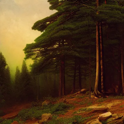 Prompt: Trees, oil on canvas, by Frederic Edwin Church, by Carl Gustav Carus, trending on ArtStation, conceptart, masterpiece, detailed, 8K