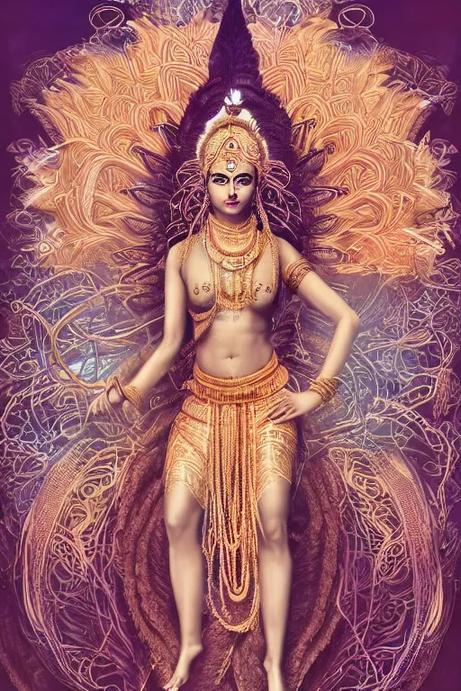 Image similar to an immaculate render of a dancing indian goddess adorned with leaves and cables and bird wings, dancing in a temple surrounded by wild tentacles made from mandalas and incense smoke, full body, perfect face, powerful, cinematic, beautifully lit, by artgerm, by karol bak, by android jones, 3 d, trending on artstation, octane render, 8 k