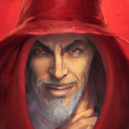 Prompt: portrait of rincewind wearing bright red wizard robe and hat by greg rutkowski