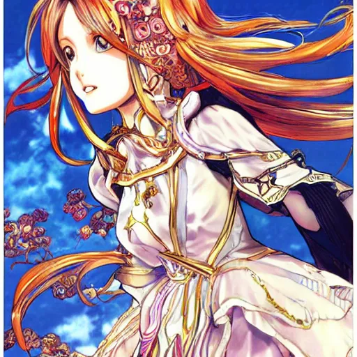 Image similar to exquisite imaginative fate manga poster of princess, long wavy hair, armor, ruffles, by shigenori soejima, minaba hideo, katsuhiro otomo, jump comics, fluorescent, illustration, artstation, dark fantastic, highly detailed, 8 k, maximalist