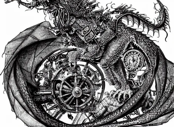 Prompt: pen and ink illustration, dragon with steam punk apparatus on its side, very fine detail, concept art, high detail, fine pen, white background, artstation