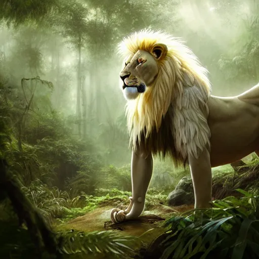 Prompt: commission portrait of a male anthro albino lion,dressed in jungle clothes,goung through a jungle.,dramatic,character design by charles bowater,greg rutkowski,ross tran,hyperdetailed,hyperrealistic,4k,deviantart,artstation,professional photography,concept art