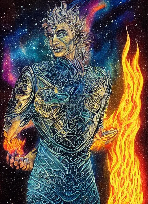 Image similar to high intricate colored ink drawing of the sandman holding a glimmering fire - galaxy, full shot, neil gaiman, maria panfilova, andrea savchenko, mike kime, ludovic plouffe, qi sheng luo, oliver cook, julian calle, eddie mendoza, trending on artstation