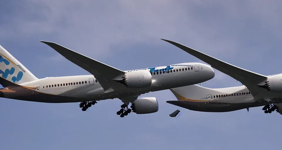 Image similar to vhs footage of a boeing 787 flying overhead