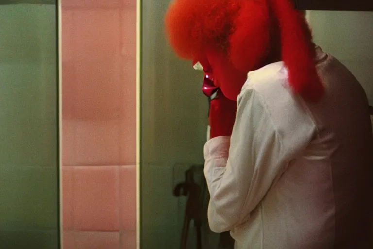 Image similar to close-up color film photography 1970s, sad clown stands in public bathroom, soft light, 35mm, film photo, Joel Meyerowitz