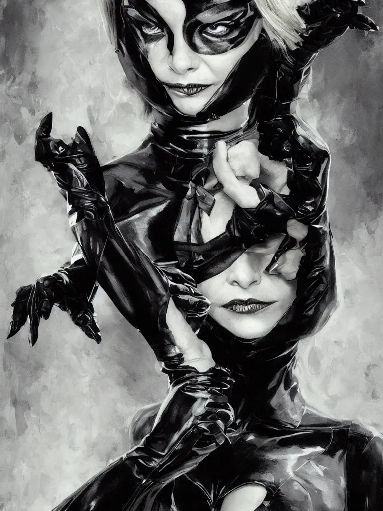 Prompt: full figure hyper realistic painting of young gorgeous michelle pfeiffer as catwoman in tim burton's batman film, hyper detailed, by clay mann, ayami kojima and greg rutkowski, trending on artstation, 3 light sources, rule of thirds, dutch angle