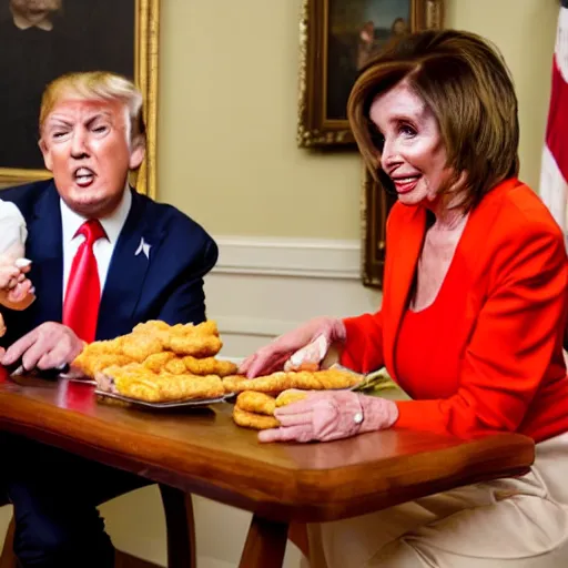 Prompt: Nancy pelosi feeding man baby Donald trump chicken nuggets who is sitting in a high chair, mannerism