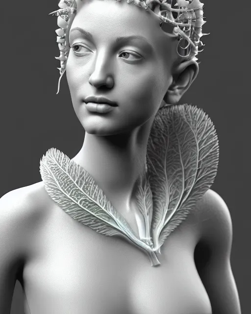 Image similar to a bw 3 d render of a beautiful female translucent bio mechanical vegetal goddess, dreamy, elegant photorealistic, cinematic, octane render,