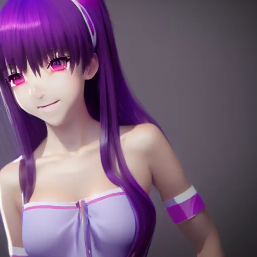 Image similar to a very beautiful 3d anime girl in a room, wearing thigh highs socks, unreal engine 5 4k render, hazler eyes, cute smile, trending on artstation, medium shot, long purple hair