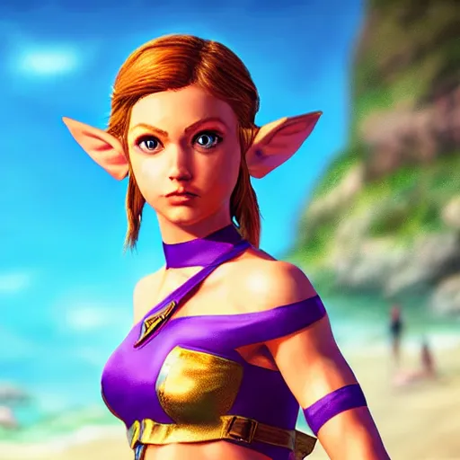 Image similar to a hyper real comic book style portait painting of beautiful zelda on the beach, unreal 5, hyperrealistic, octane render, cosplay, rpg portrait, dynamic lighting