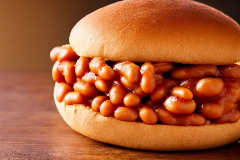 Prompt: mcdonalds baked beans between two sesame seed buns, commercial photograph