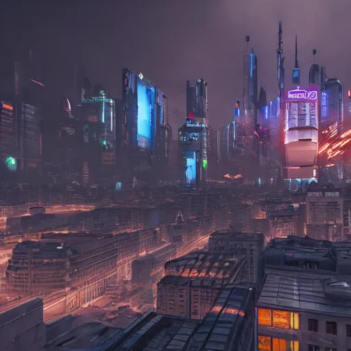 Image similar to cyberpunk city lviv, a lot of future technologies, flying cars, unreal engine, octane render, epic scale, cinema view, 8 k