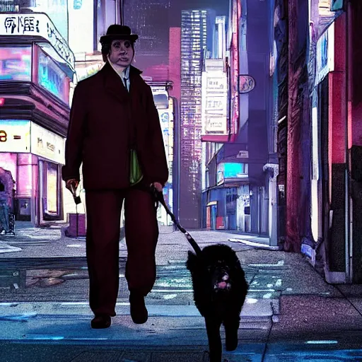 Prompt: Inspector Columbo walking with his dog, in a cyberpunk street