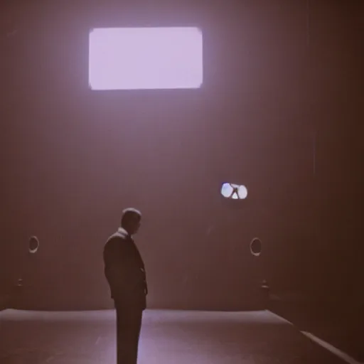 Image similar to movie scene of a man with a robot head, movie still, cinematic composition, cinematic light, criterion collection, Movie by David Lynch