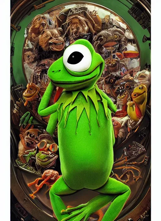 Image similar to portrait of kermit the frog in critters ( 1 9 8 6 ), highly detailed, centered, solid color background, digital painting, artstation, concept art, smooth, sharp focus, illustration, artgerm, donato giancola, joseph christian leyendecker, les edwards, ed repka, greg rutkowski, wlop, artgerm