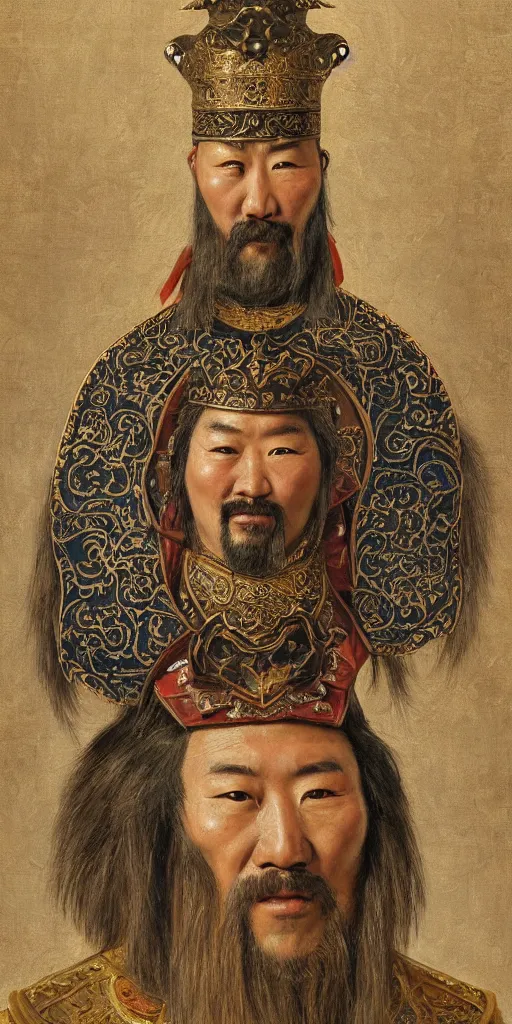 Prompt: a stunning and noble highly detailed romantic period style portrait of Genghis Khan\'s head by Josep Tapiró Baró, trending on artstation, oil painting masterpiece, symmetry, fractals, Mongolian iconography