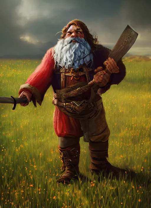 Image similar to A fantasy comic book style portrait painting of a axe wielding fantasy d&d dwarf in a open meadow field in the summer, unreal 5, DAZ, hyperrealistic, octane render, RPG portrait, ambient light, dynamic lighting