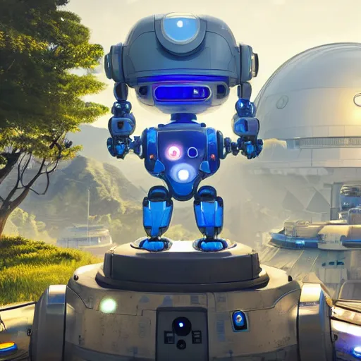 Image similar to friendly robot with a glowing blue heart in front of a clean white sci-fi dome in a pleasant urban setting, peaceful, majestic, a sense of hope, in style of apex legends, art station, ultra hd, soft light, overhead sun, ultra hd, art station