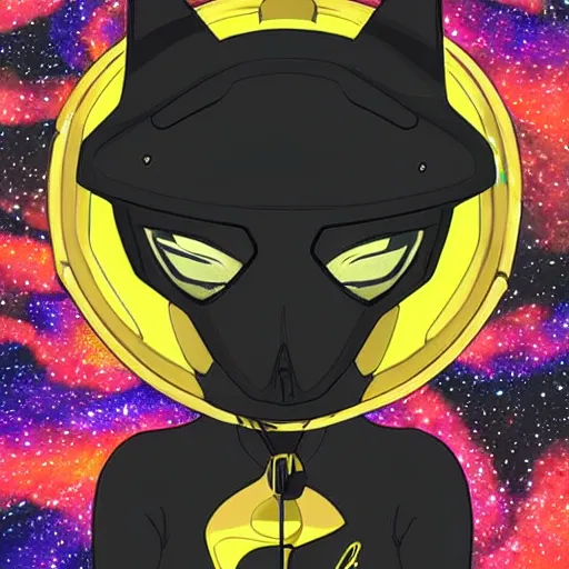 Image similar to ! dream black suit catgirl yellow motorcycle helmet, floating through galaxy colorful swirling stars, celty sturluson