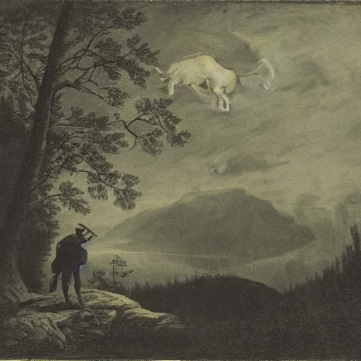 Prompt: hunter alone in the wilderness, midnight, dark boreal forest, 19th century