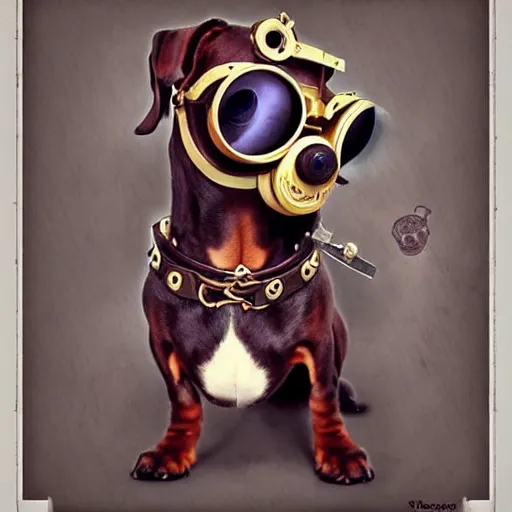 Prompt: a dachshund with steampunk googles, by ROSS tran