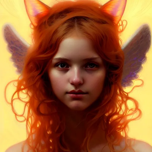 Image similar to Portrait of a girl angel with pale orange colored fuzzy frizzy hair, cat ears, glowing halo, wings, fantasy, intricate, elegant, highly detailed, digital painting, artstation, concept art, smooth, sharp focus, illustration, art by Krenz Cushart and Artem Demura and alphonse mucha