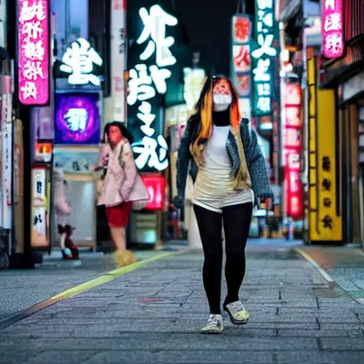 Image similar to female bigfoot walking through the streets of Japan with neon signs lining the streets illumated