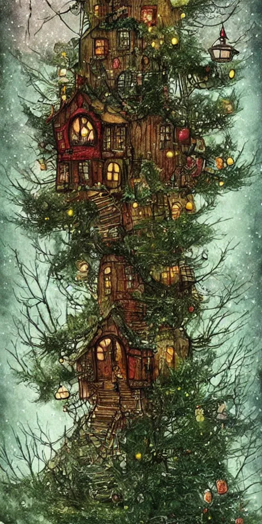 Image similar to a christmas tree house scene by alexander jansson