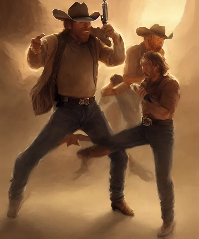 Prompt: chuck norris, cinematic, wearing a cowboy hat, kicking a ninja, elegant, highly detailed, digital painting, artstation, smooth, hard focus, illustration, art by jessica rossier and and brian froud
