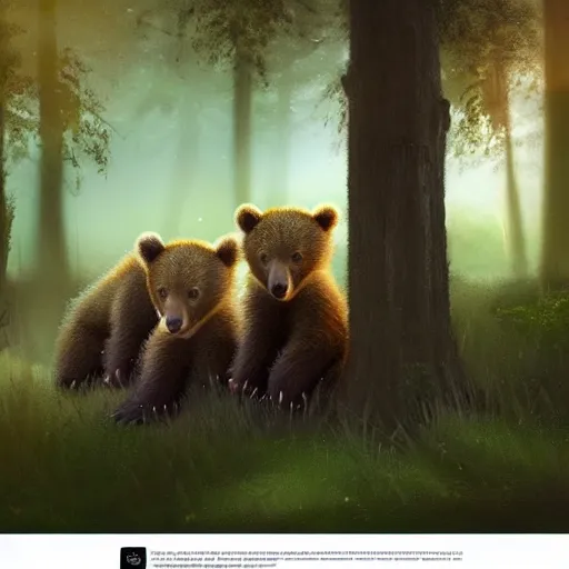 Image similar to a very very beautiful artwork of three bear cubs camping in a tent in the wood, sunset, vivid colors, soft lighting, atmospheric, cinematic, moody, trending on artstation, oil on canvas, 8K