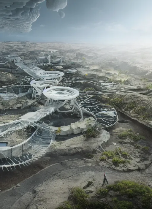 Prompt: techno chuquicamata bioremediation white mining tailing futuristic horizontal architecture, epic, cinematic, hyperealistic, high detailed, corona render, hdr, ray tracing