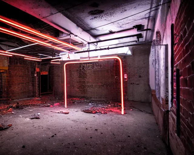 Image similar to An abandoned industial basement lit by a neon sign that says GAK, GAK sign, basement, cinematography by Robby Müller, GAK basement, industrial