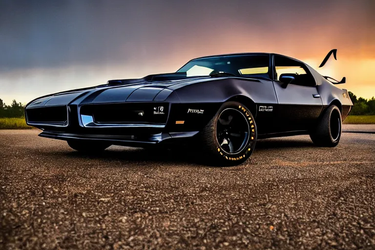 Image similar to pontiac firebird trans - am with black paint, sunrise, eerie light, fireflies, dog watching the car, dramatic, cinematic, forest, horror, sunbeams, volumetric lighting, wide shot, low angle, lightning storm hitting the car, ground cracking open to reveal a portal to hell