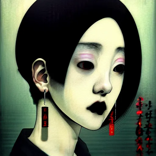 Image similar to yoshitaka amano blurred and dreamy realistic three quarter angle horror portrait of a sinister young woman with short hair, big earrings and white eyes wearing office suit with tie, black and white junji ito abstract patterns in the background, satoshi kon anime, noisy film grain effect, highly detailed, renaissance oil painting, weird portrait angle, blurred lost edges