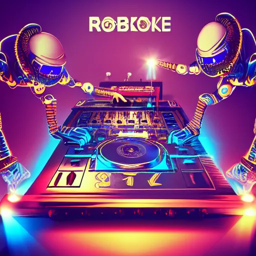 Prompt: album art, the band name is roborock, album name is energetic trance music, band with 3 steampunk robots on a dj desk with a cd mixer, 8 k, flourescent colors, halluzinogenic, multicolored, exaggerated detailed, front shot, 3 d render, octane