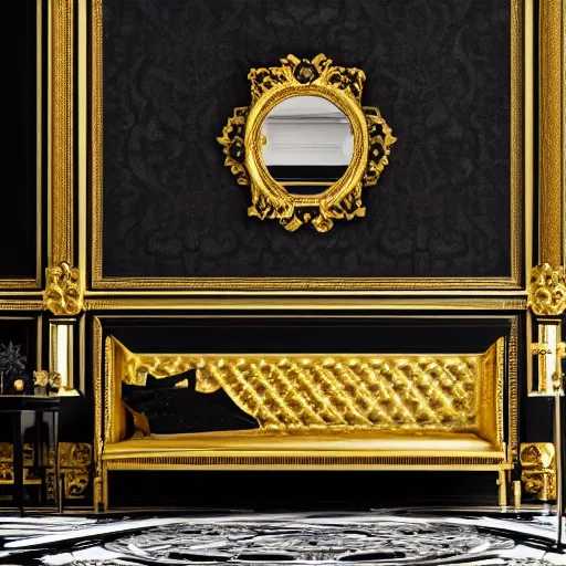 Image similar to parisian interior, dark walls, gold accents, interior design, thick carpet, hyperrealistic, hyperdetailed, super detailed, uhd, uhd, 8 k, high resolution,